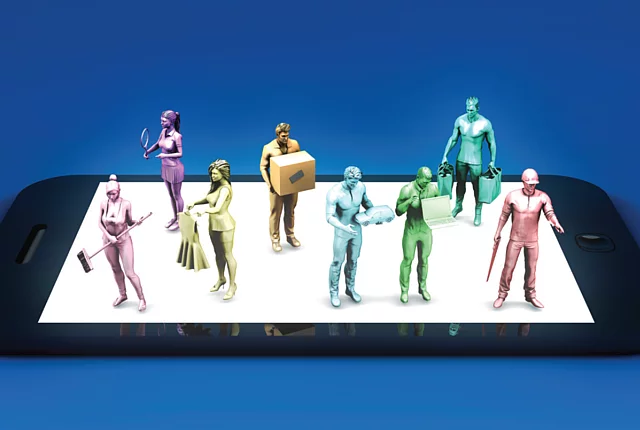 AI generated image of colourful human figures standing on a smart phone