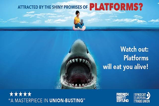 Platforms are depicted as an ferocious shark, a parody of the poster of the Hollywood movie Jaws 1975