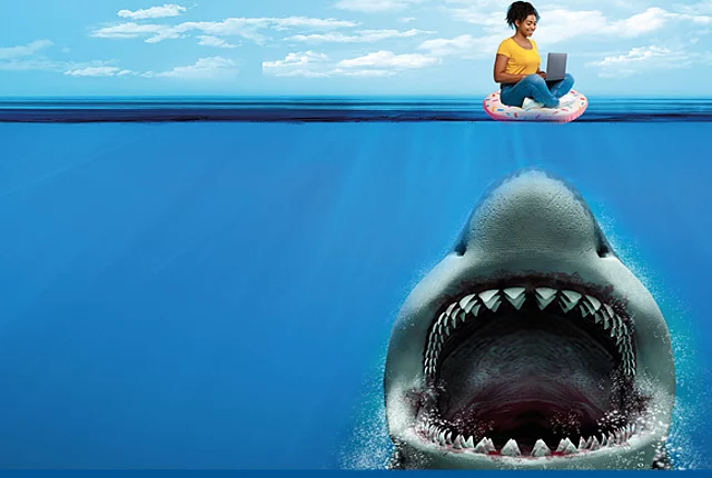 Platforms are depicted as an ferocious shark, a parody of the poster of the Hollywood movie Jaws 1975