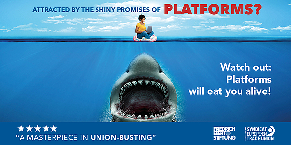 Platforms are depicted as an ferocious shark, a parody of the poster of the Hollywood movie Jaws 1975
