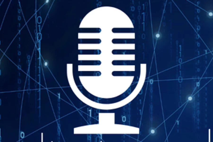 a white microphone on blue background