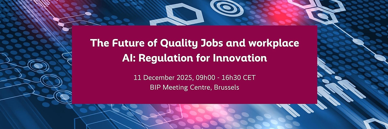 Visual containing the title of the conference "The Future of Quality Jobs and workplace AI: Regulation for Innovation" with IT codes in the background.