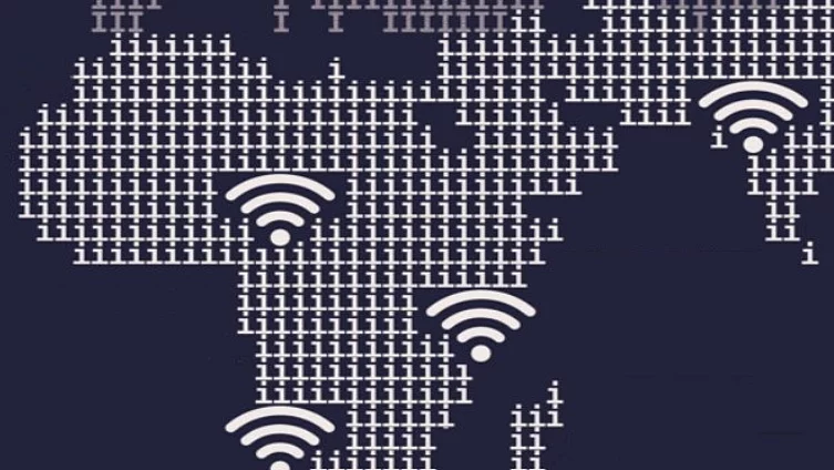 A simplified world map made up mainly by the letter i and wifi icons