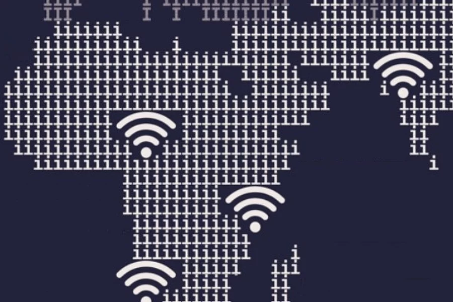 A simplified world map made up mainly by the letter i and wifi icons