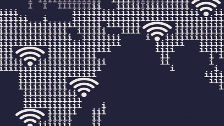 A simplified world map made up mainly by the letter i and wifi icons