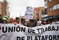 Several dozen food delivery people from the Colombian platform "Rappi" stage a demonstration demanding better working conditions and social guarantees, as well as fairer rates in Bogota, Colombia on March 02, 2022