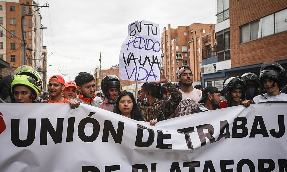 Several dozen food delivery people from the Colombian platform "Rappi" stage a demonstration demanding better working conditions and social guarantees, as well as fairer rates in Bogota, Colombia on March 02, 2022