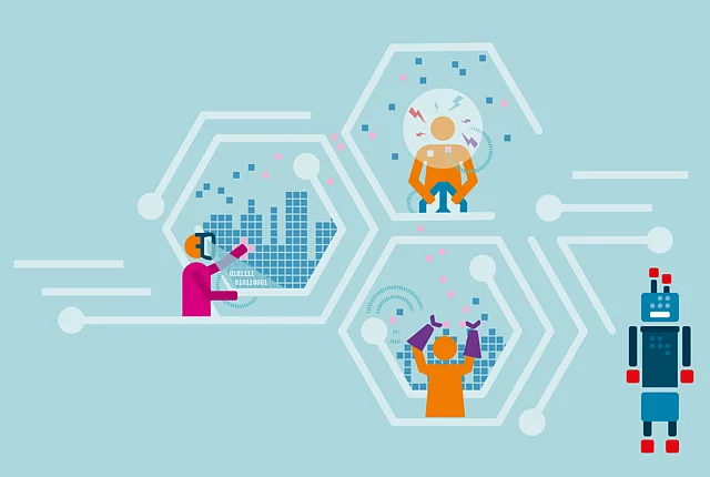 animated robots on light blue background