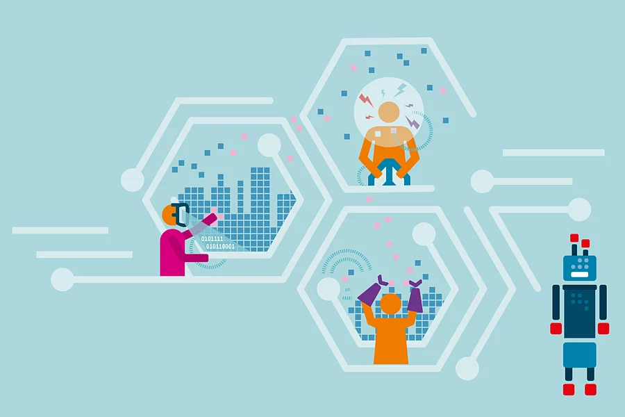 animated robots on light blue background