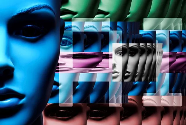 Face Of A Mannequin With AI Lettering, Symbolic Photo Of Artificial Intelligence, Photomontage 