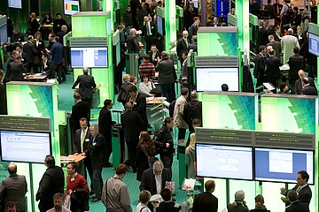 DEU, Deutschland, Germany, Hannover, 04.03.2011 Besucher am Messestand der Firma Datev uf der Computermesse und Technologiemesse Cebit 2011 in Hannover. Vernetzung, digitaler Austauch, Messe, Praesentation, Handel, digital, Internet, wireless lane, wifi, IT, High Tech, Computerindustrie, Multimedia, Computermesse, Telekommunikation, Messen, Messe, Messestand, Ausstellungen, Kommunikation, Wirtschaft, Symbol, Symbolbild, symbolisch, Elektronik, Technik, Technologie, Informationstechnologie, Unterhaltung, Unternehmen. Visitors passing a stand of the company Datev the world's biggest high-tech fair, Computer Fair, Cebit 2011 in Hanover, Lower Saxony. More than 4,200 tech firms from 70 countries will display the latest in information and communications technology during the fair. Trade Fair, Economy, Business, Germany, Information Technology, Company, Phone, Telecommunications, Communikation, Electronic, Consumer Goods Industry, High Tech, Presentation, Trade, Trading, technology fair, Symbol, symbolic photo, digital, Internet, logo 