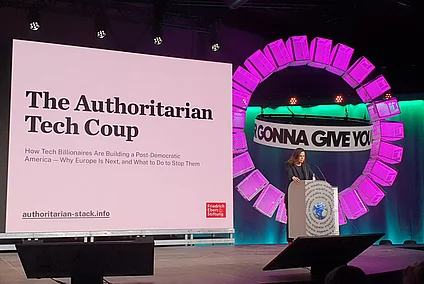 Francesca Bria presenting her research on the authorian stack at Republica conference in Berlin