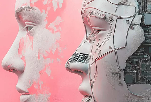 conference banner, pink background, half robot face