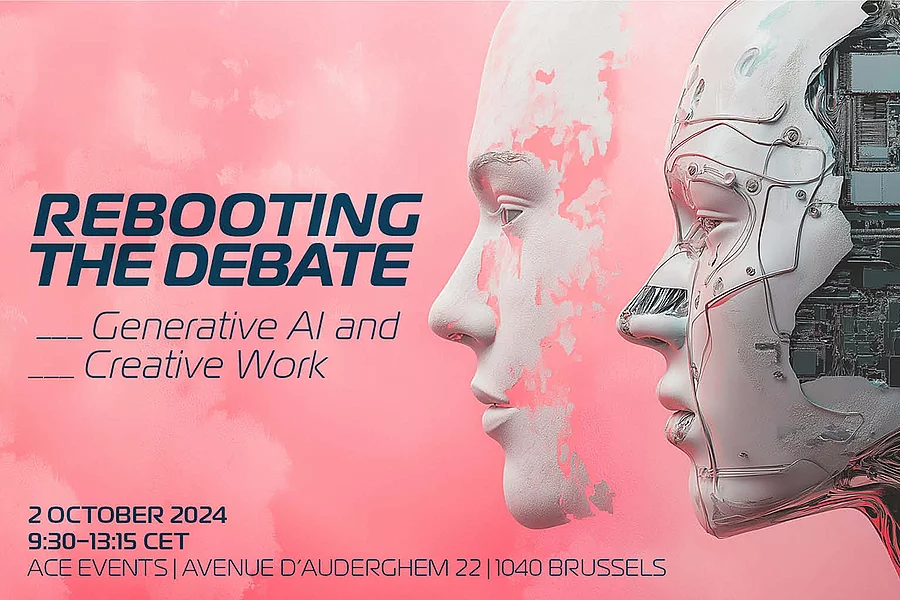 conference banner, pink background, half robot face