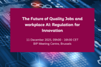 Visual containing the title of the conference "The Future of Quality Jobs and workplace AI: Regulation for Innovation" with IT codes in the background.