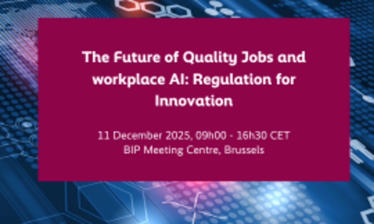 Visual containing the title of the conference "The Future of Quality Jobs and workplace AI: Regulation for Innovation" with IT codes in the background.