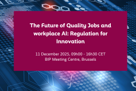 Visual containing the title of the conference "The Future of Quality Jobs and workplace AI: Regulation for Innovation" with IT codes in the background.