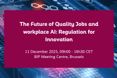 Visual containing the title of the conference "The Future of Quality Jobs and workplace AI: Regulation for Innovation" with IT codes in the background.