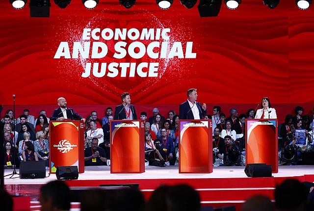 Big stage panel with headline "Economic social justice"